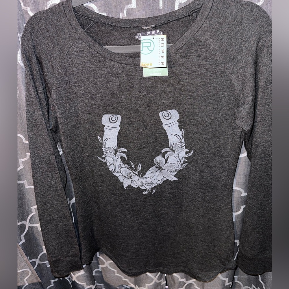 Roper Wear The West Womens Top Grey with white horseshoe NWT